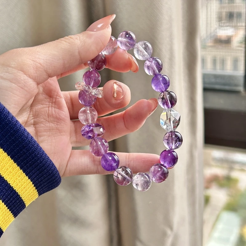 原创贵气九紫离火天然紫水晶白水晶单圈女手串时尚个性多样性发一