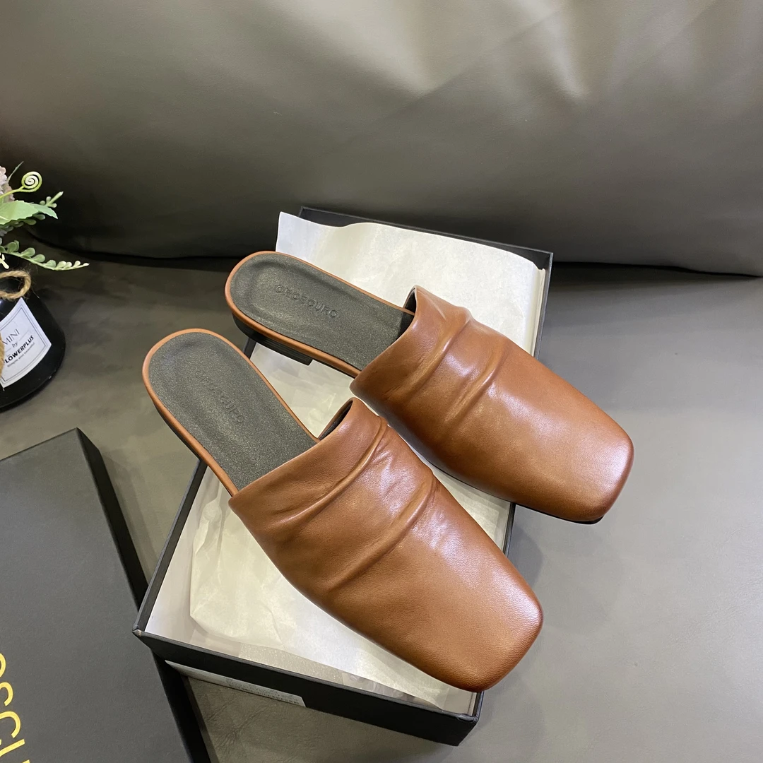 《老钱风包头拖》夏季新款平底真皮方头老钱风半拖欧美风时尚懒人拖