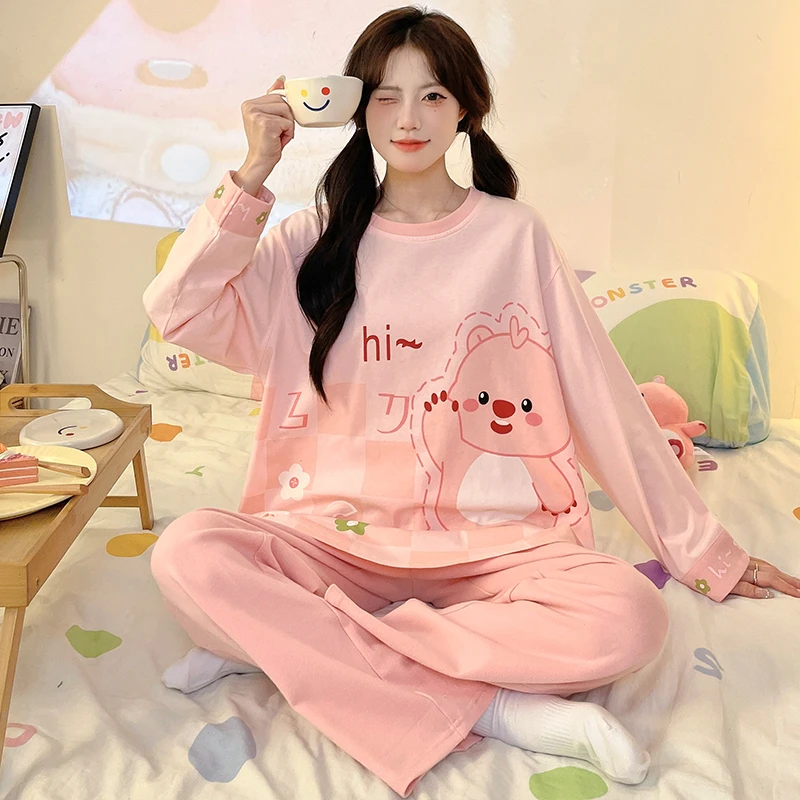 2024秋季新款中学生纯棉家居服小海狸睡衣少女儿童长袖圆领套装