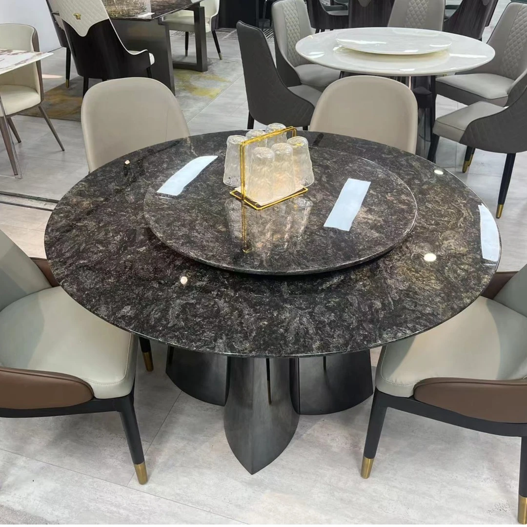 铂金钻大理石圆桌现代简约大小户型别墅饭桌轻奢不锈钢大理石餐桌