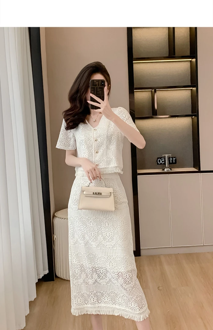 法式小香风连衣裙蕾丝套裙两件套镂空新款重工裙子微胖短袖显瘦
