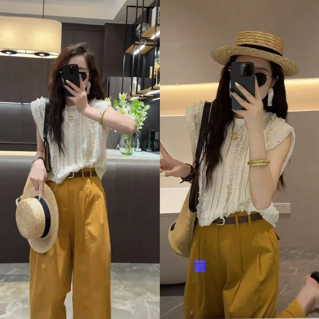 2025夏季新款钩花镂空无袖衬衫女宽松显瘦遮肉上衣直通阔腿休闲裤