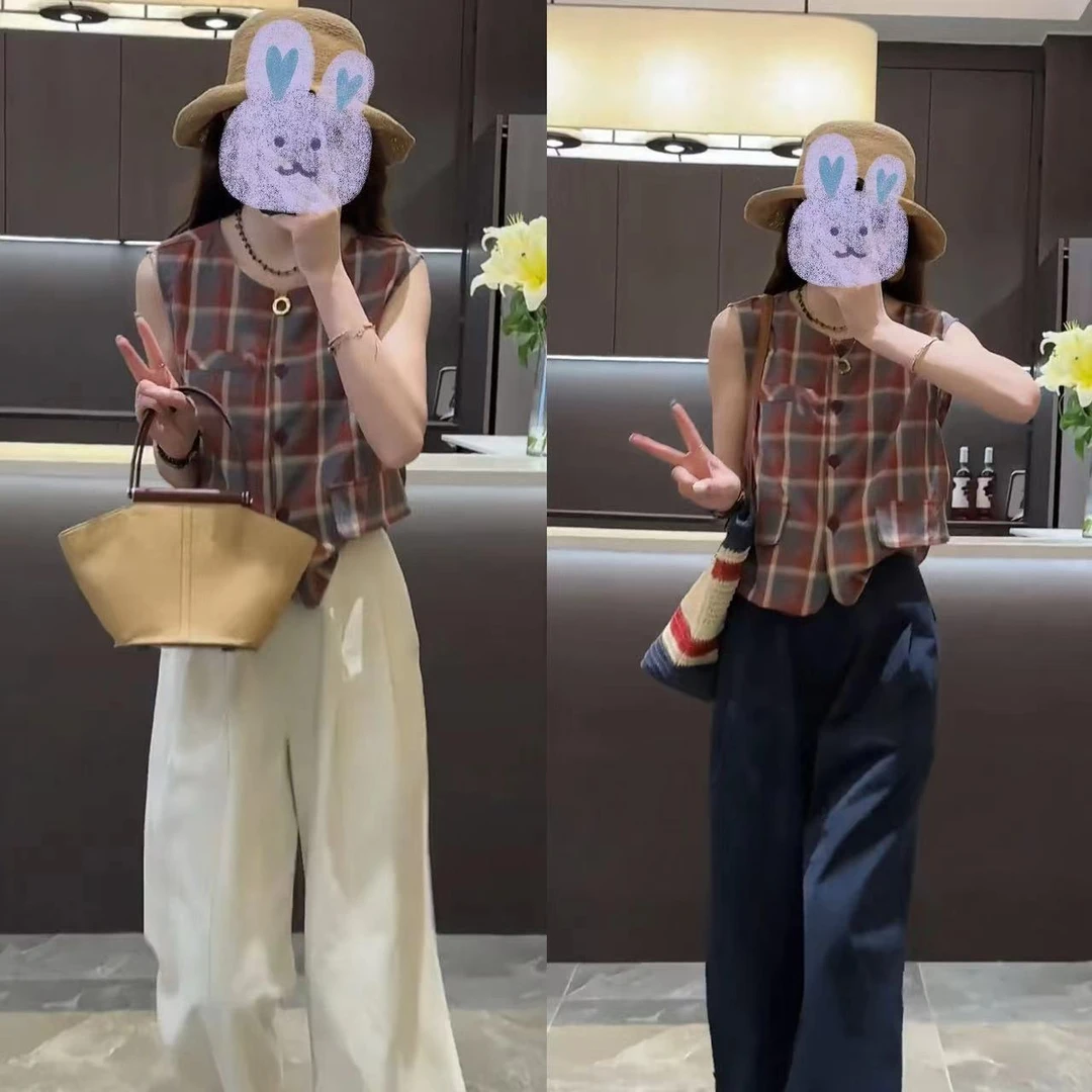 2024夏季新款设计感洋气开衫马甲减龄红格子上衣小个子高腰阔腿裤