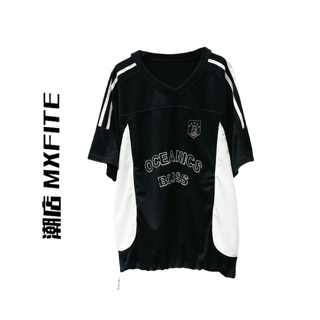 MXFITE潮店夏季新款个性拼接字母印花V领短袖T恤（AN15392）