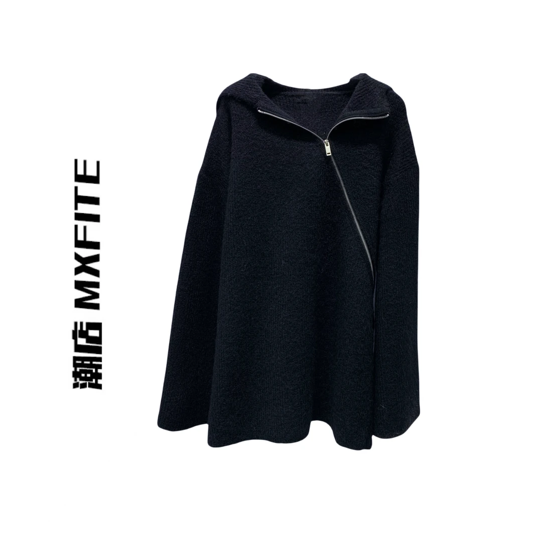 MXFITE潮店秋冬季新款潮流不规则斜拉链连帽毛衣卫衣外套（P33700）