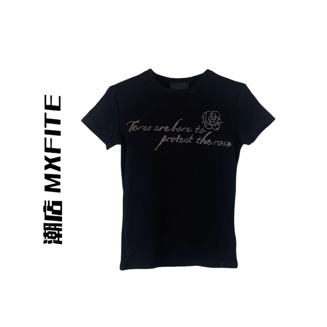 MXFITE潮店早秋新款个性烫钻玫瑰印花圆领短袖T恤（LQ73125）