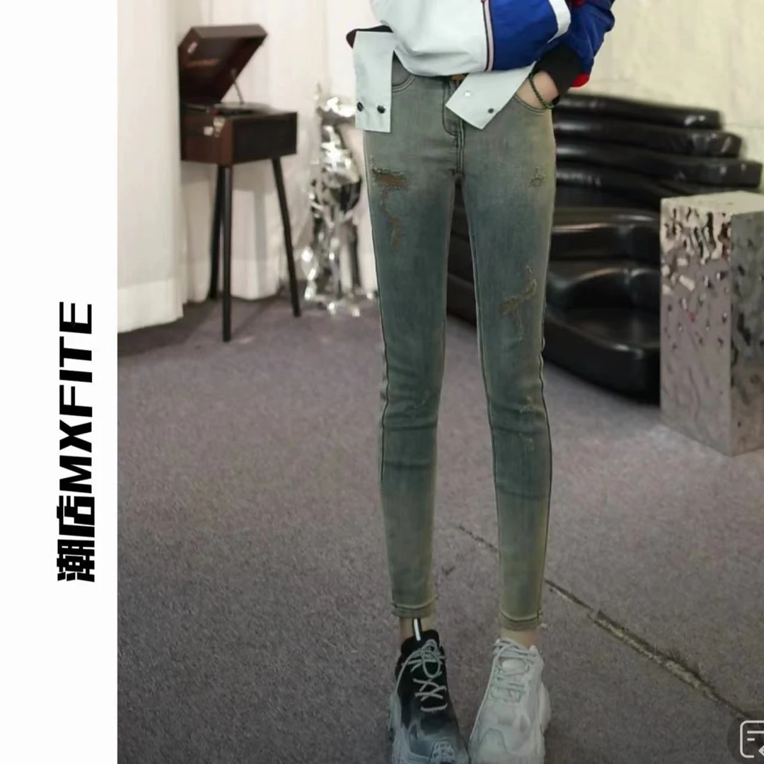 MXFITE潮店秋冬季新款洗水显瘦加绒牛仔裤长裤（CRM537-1）