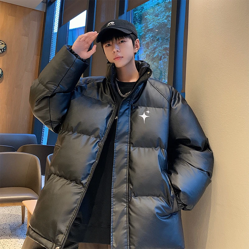 【冬季新款+防水防污+男女同款】情侣百搭加厚保暖PU皮立领棉服外套