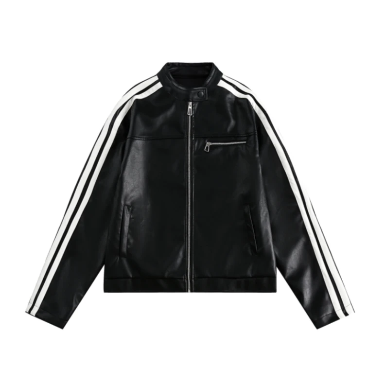 【新品8折+撞色条纹＋男女同款】秋季新款美式皮衣外套机车服夹克