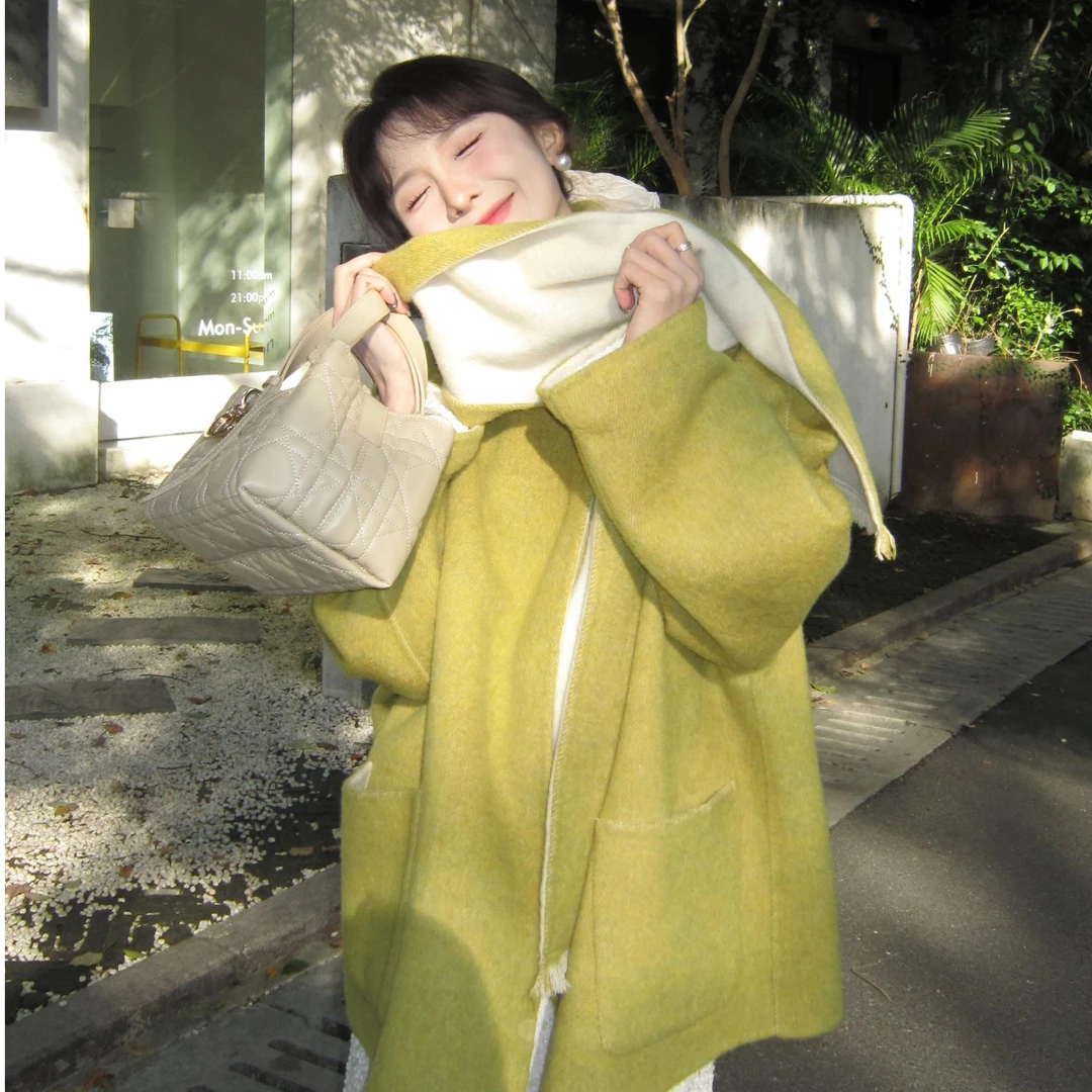 SE【艺术社】毛呢大衣女冬气质复古优雅两面穿围巾款百搭双面呢