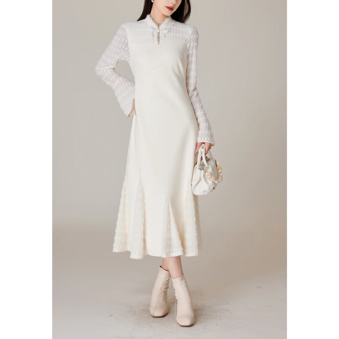 SE【花瓣裙】蕾丝拼接针织裙女秋冬中长款连衣裙气质白色长袖显瘦