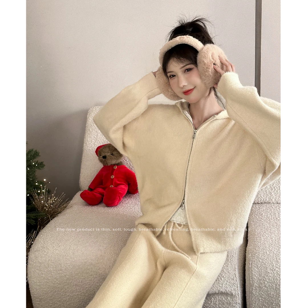 SE【奶酪威化】时尚套装女秋冬纯色连帽短上衣显瘦直筒裤红人上新