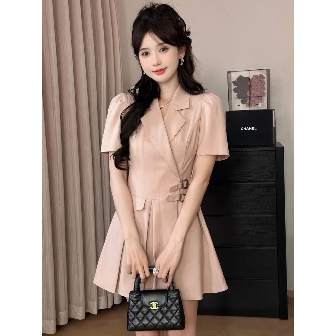 A【冰莓乌龙】韩版通勤气质收腰显瘦粉色洋气西装裙女设计感