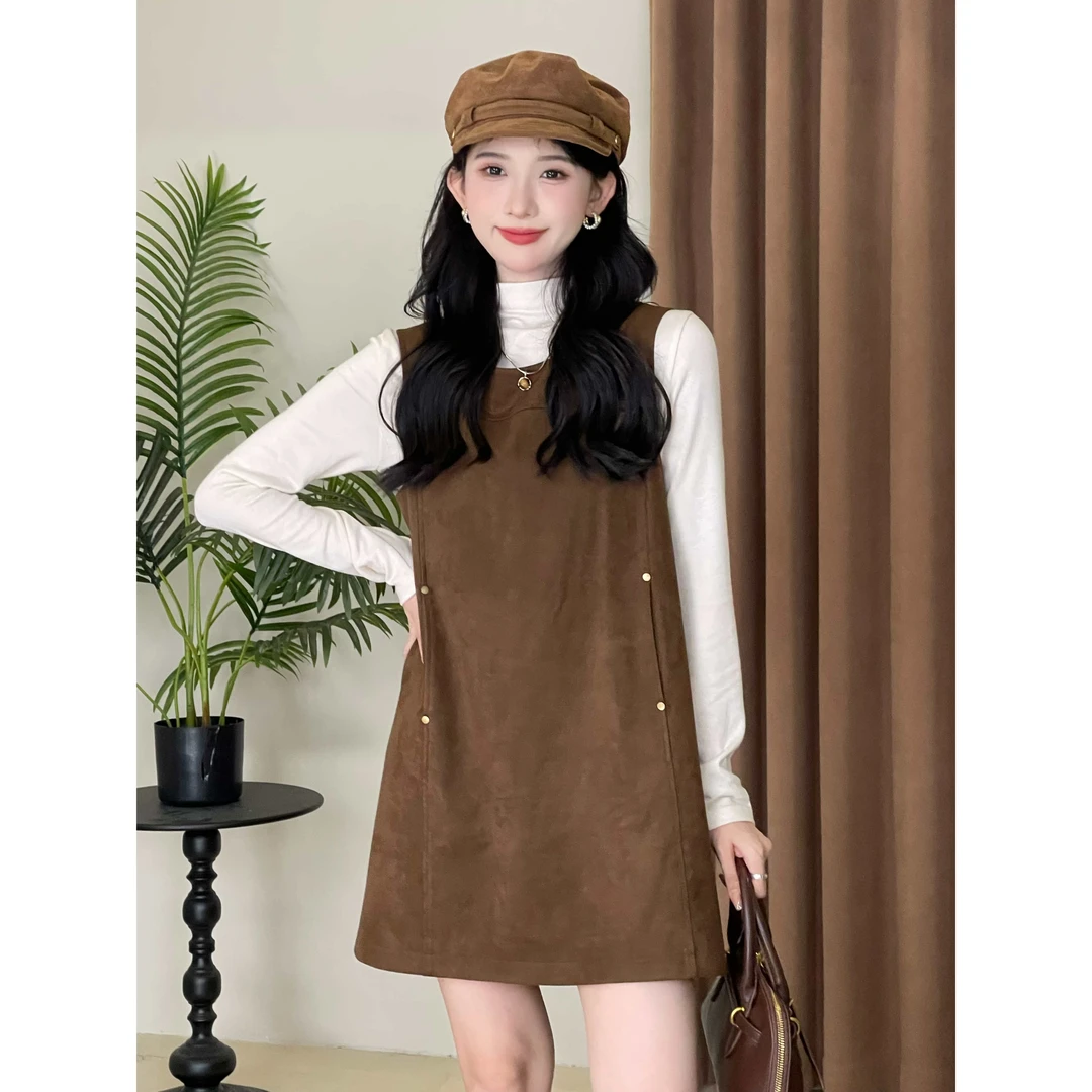 SE【恋爱手册】时尚套装女秋冬米色休闲通勤打底衫时髦咖色吊带裙