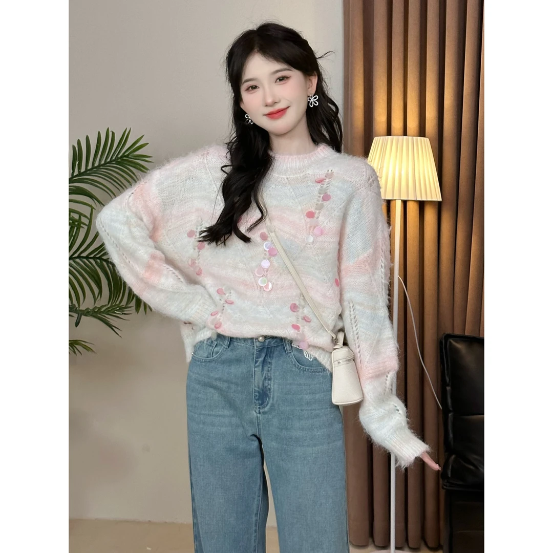 SE【彩虹琥珀】毛衣女秋冬慵懒甜美多彩渐变色珠片宽松百搭上衣