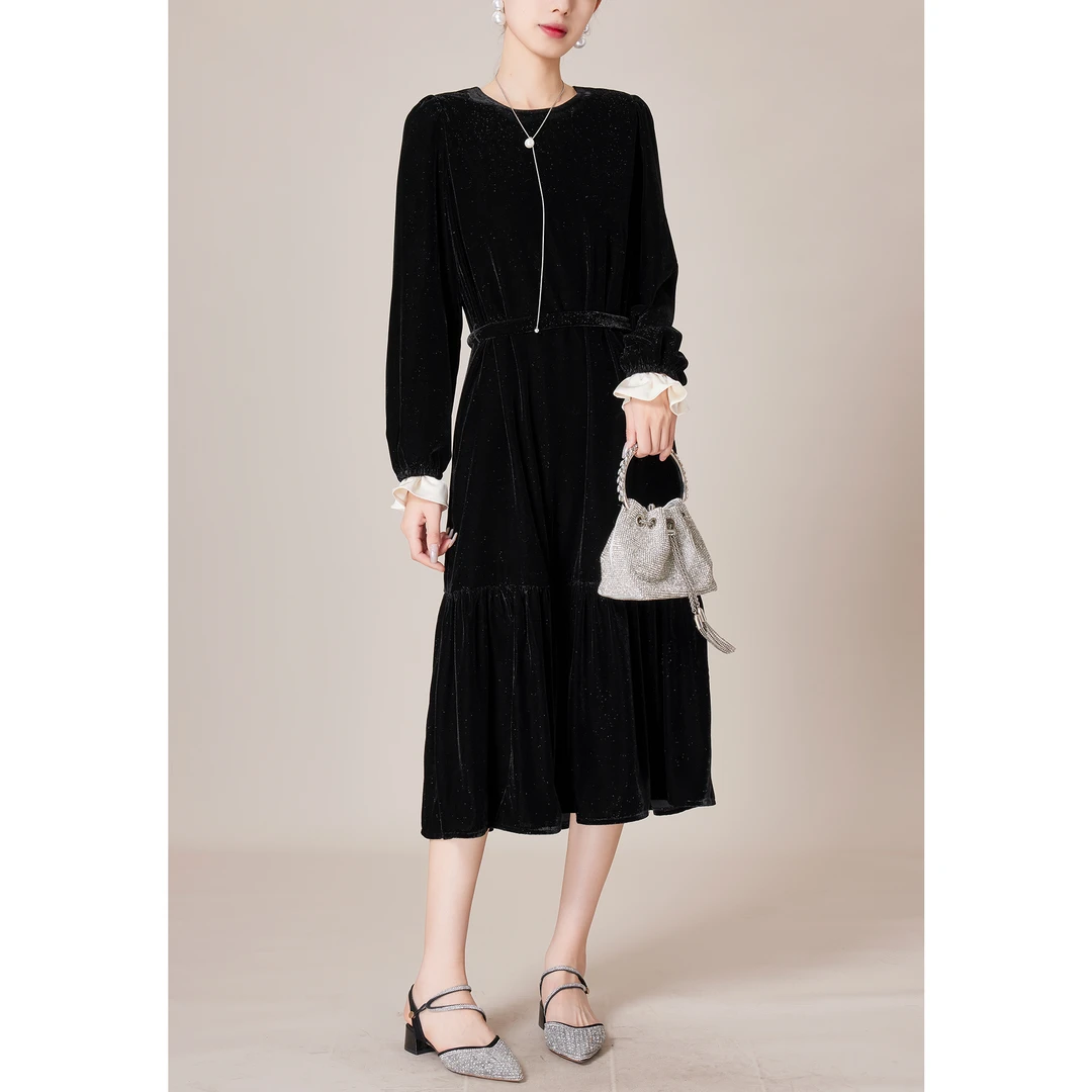 SE【冬日来信】赫本风丝绒连衣裙女秋季中长款长袖 S2023102106