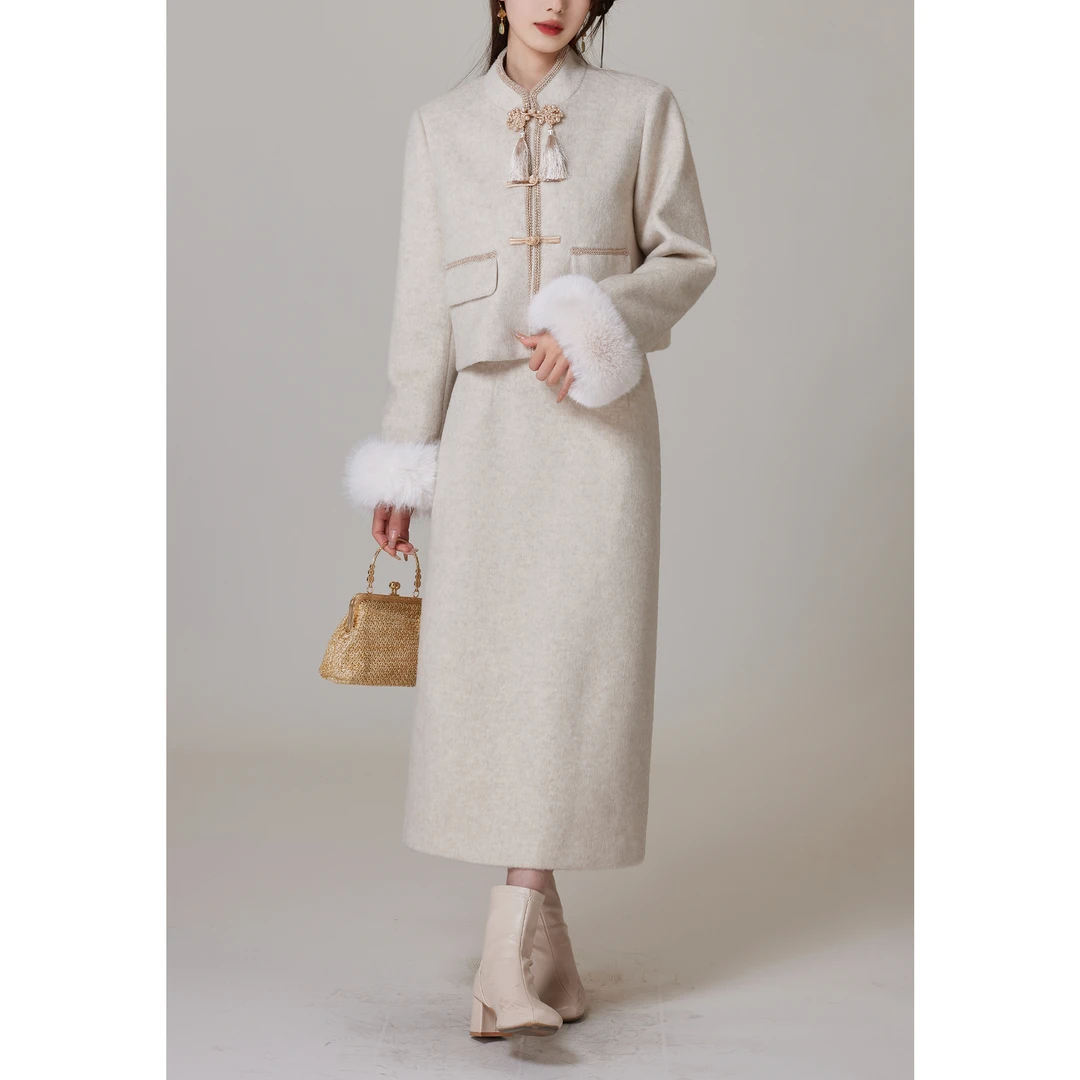 SE【云容】新中式羽绒小香风长袖加厚中国风气质女冬上衣半身裙