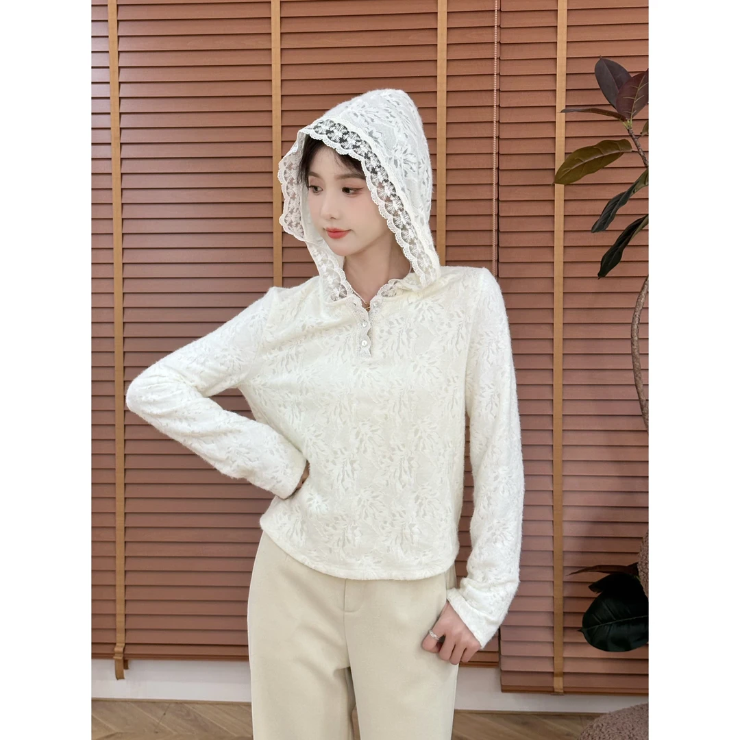 SE【素秋】打底衫女秋冬白色连帽蕾丝高级感长袖百搭气质内搭上衣