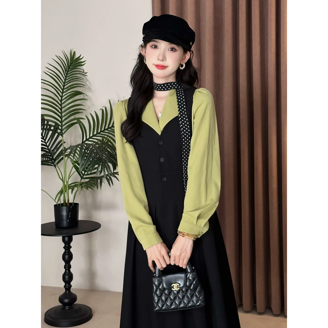 SE【茶话会】时尚套装女气质通勤百搭绿色衬衫女黑色马甲连衣裙