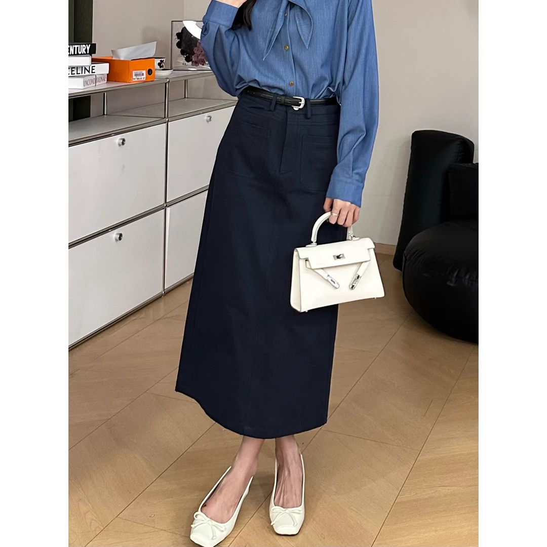 SE【秘境】半身裙女藏青色开叉显瘦显高美式复古气质高腰半身裙