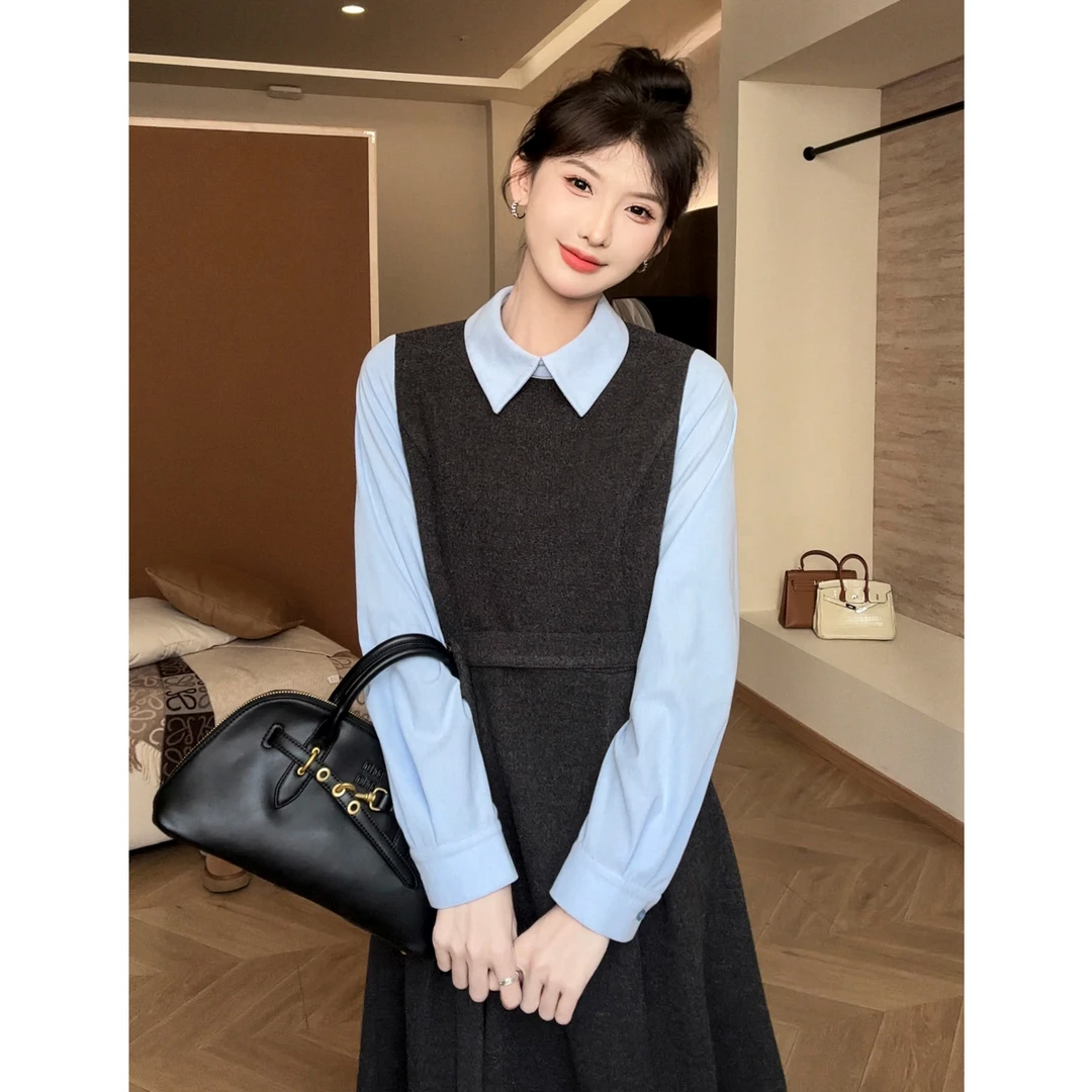 SE【风尚蓝调】连衣裙女秋冬气质复古假两件毛呢收腰长裙红人上新