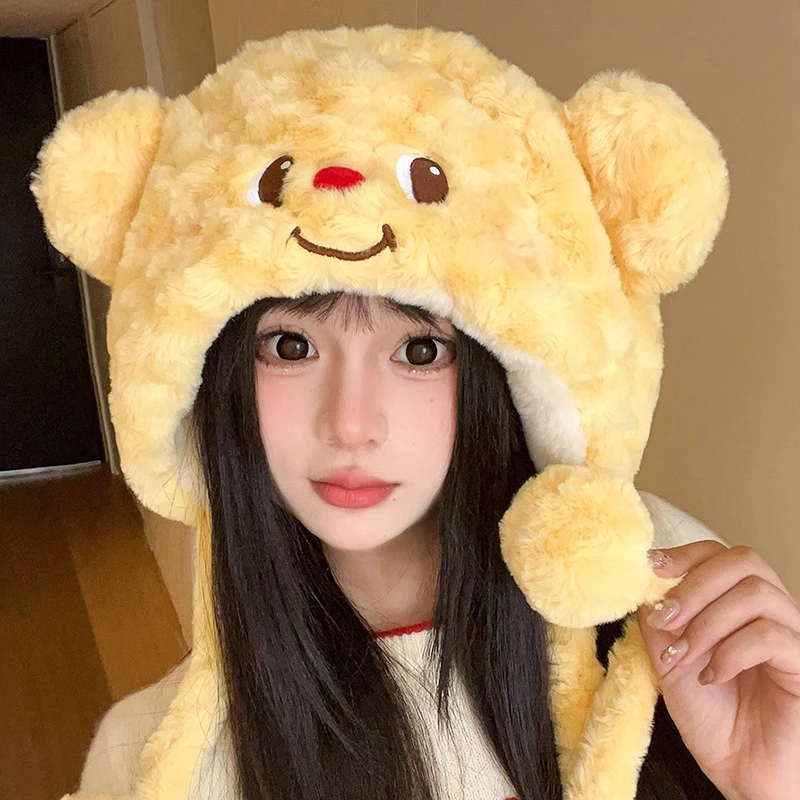 可爱黄油小熊毛绒帽子女秋冬季加厚防寒保暖护耳雷锋帽显脸小