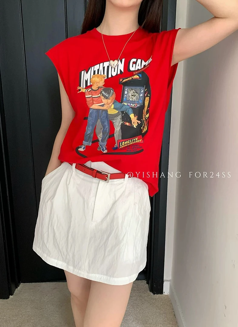 2026新款美式圆领复嘻哈印花T恤女宽松显瘦坎肩无袖上衣