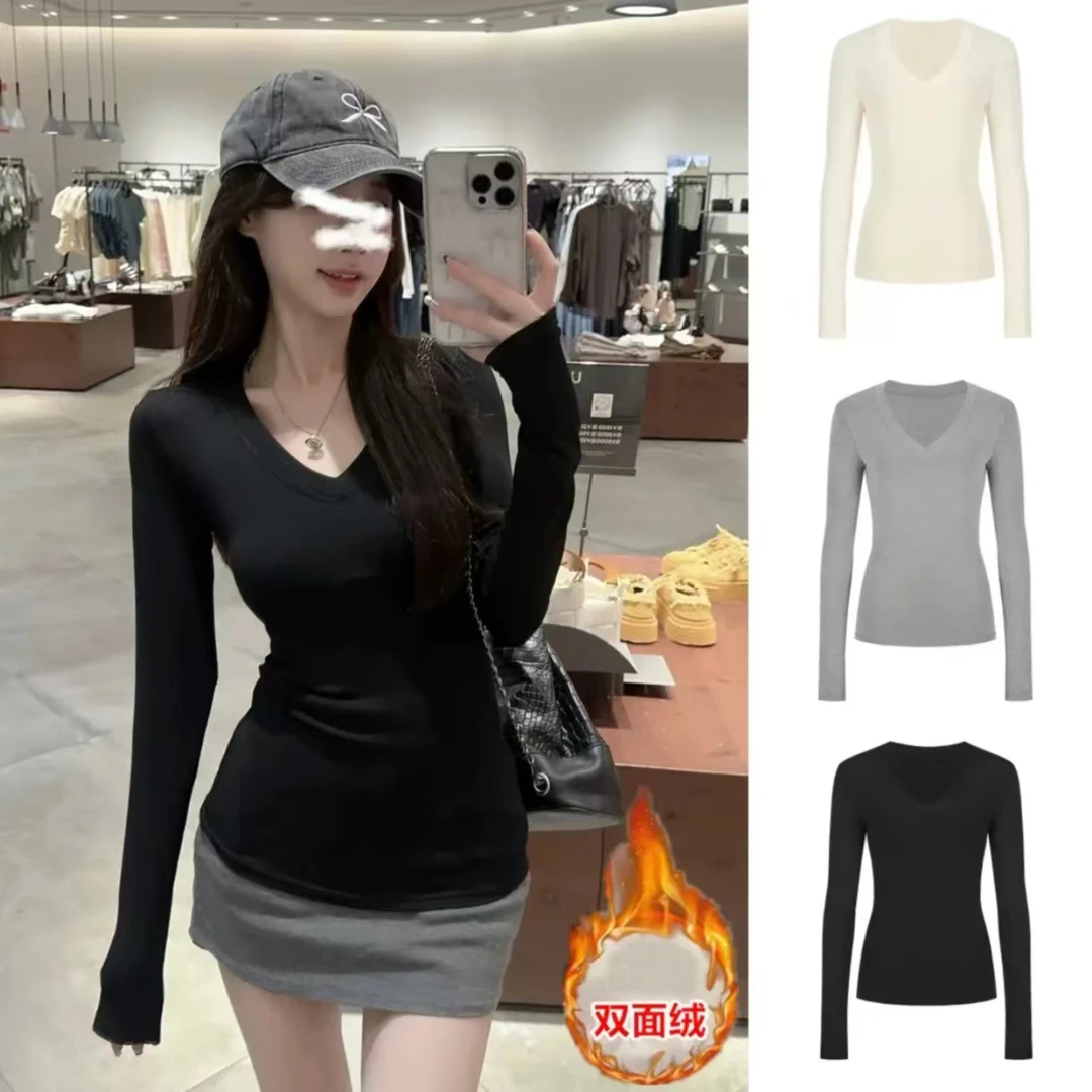 双面绒保暖长袖V领正肩t恤女秋冬修身显瘦辣妹内搭打底衫上衣