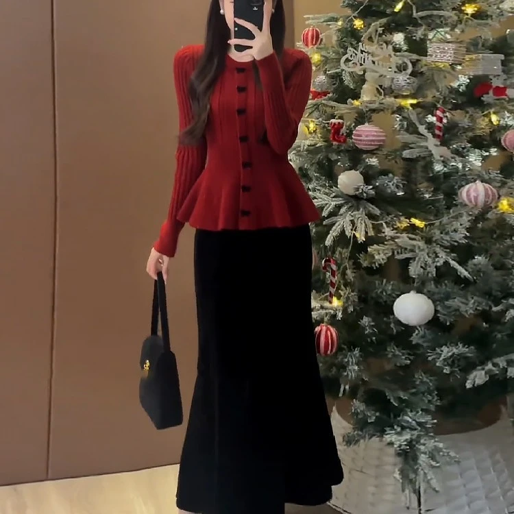 小香风套装过年红色毛衣韩式千金漂亮鱼尾半身裙深冬装搭配一整套