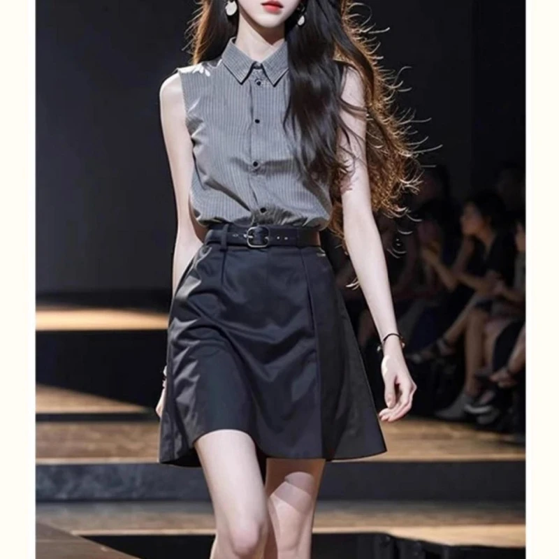 夏装搭配一整套时尚小香风休闲气质灰色无袖衬衫上衣半身裙套装女