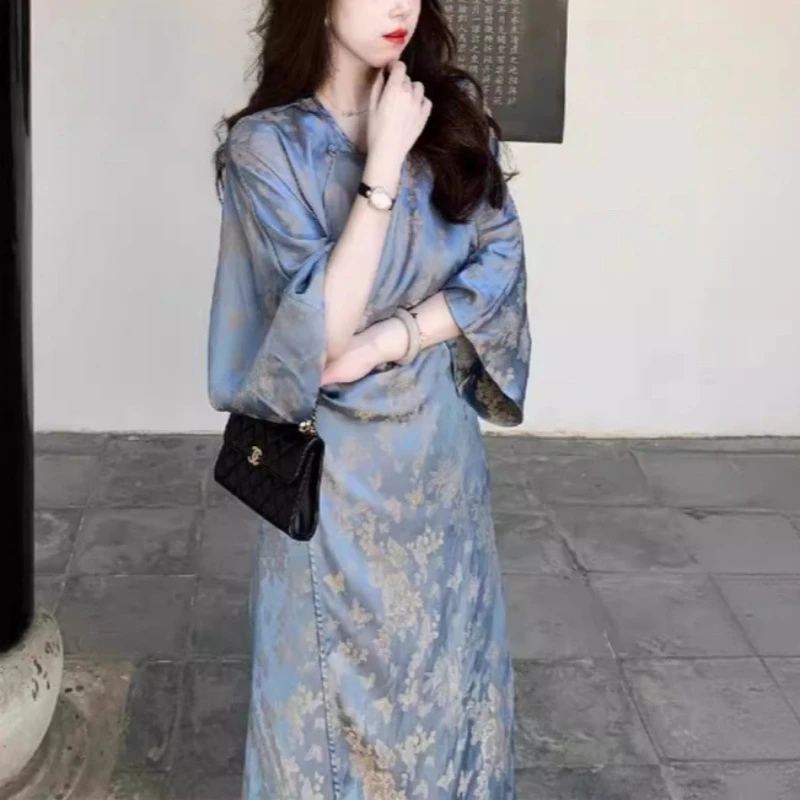 2024新款夏季新中式轻国风禅意女装蓝色醋酸碎花改良旗袍连衣裙子