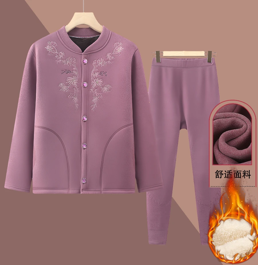 老年人保暖内衣女加绒加厚套装老人保暖衣妈妈秋衣秋裤老奶奶开衫