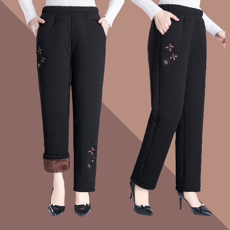 老奶奶棉裤中老年70到80岁女冬季加厚加绒裤子妈妈宽松保暖裤绣花