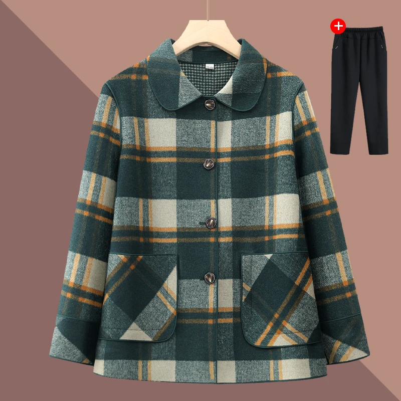 妈妈装秋冬季毛呢外套中老年女秋冬洋气上衣双面穿老年人格子衣服