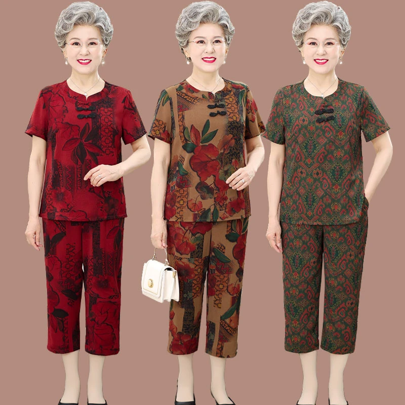 奶奶夏装短袖套装中老年人女装老人妈妈夏季老太太上衣服婆婆宽松