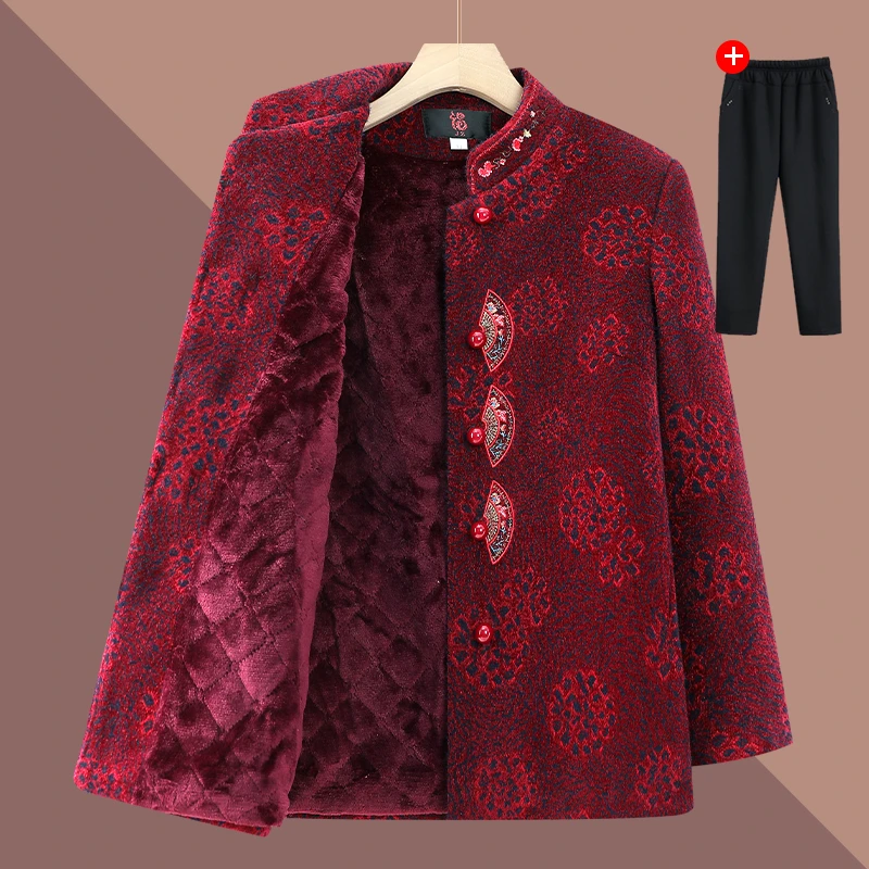奶奶装唐装冬装外套女加绒加厚毛呢外套太太老人衣服中老年妈妈装