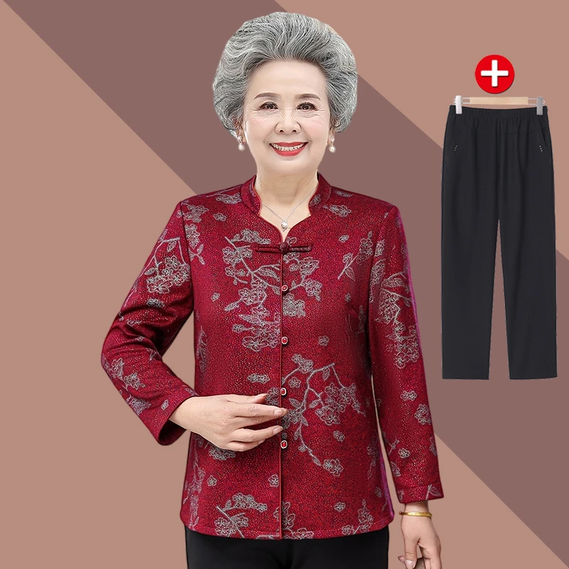 中老年女外套印花衬衫妈妈装春装长袖60岁70衣服奶奶装春秋薄宽松