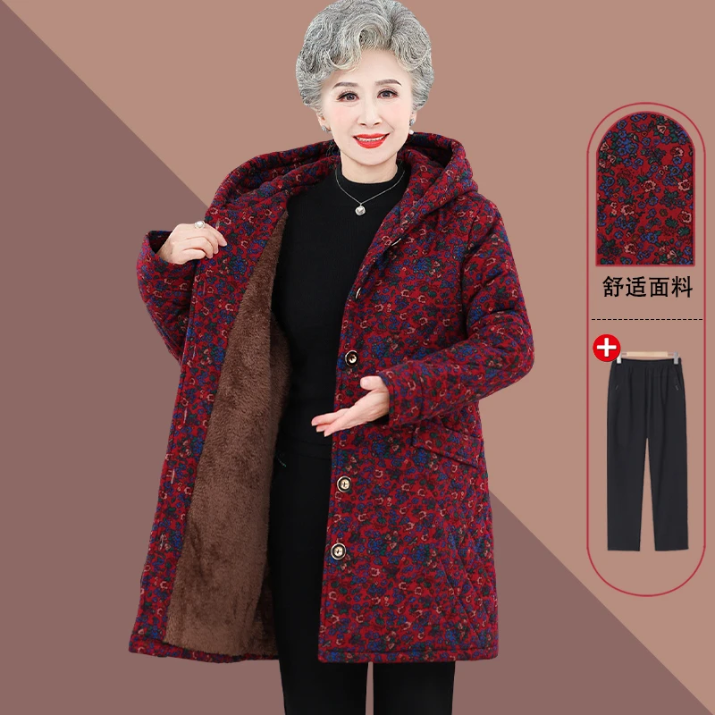 奶奶装冬季连帽棉衣中老年人衣服女老太太中长款棉袄妈妈保暖外套