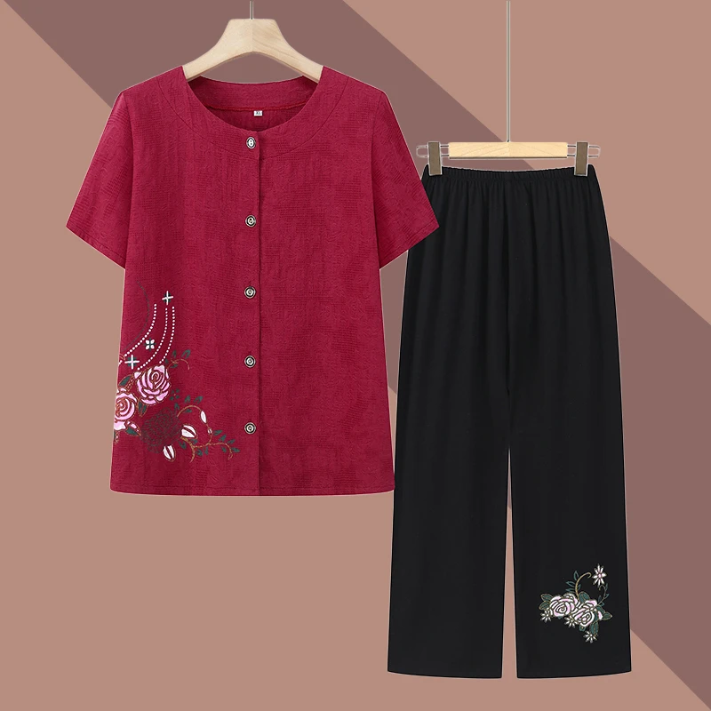 老年人夏季母亲节两件套女奶奶装妈妈短袖薄款t恤老太太洋气套装