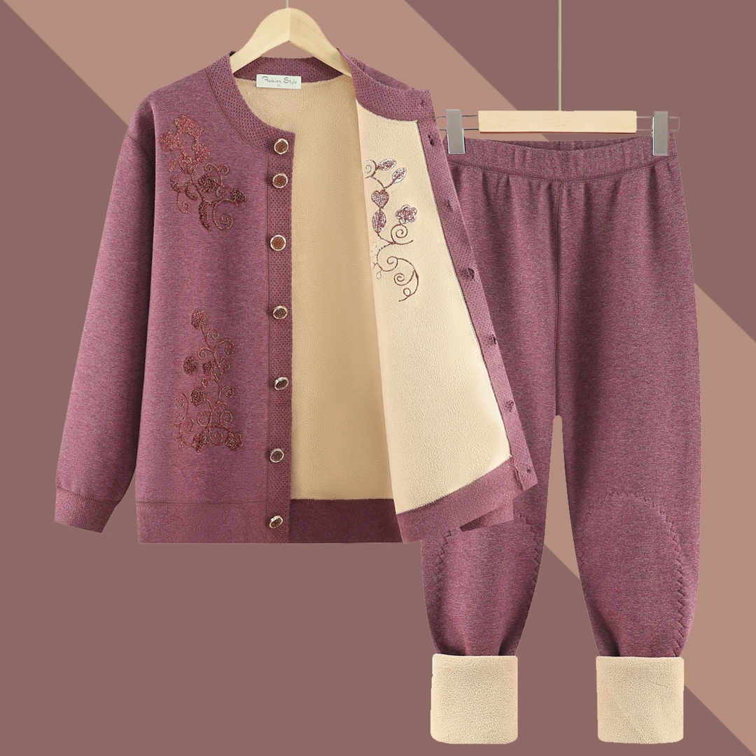 中老年人保暖衣加绒加厚开衫女奶奶冬装套装妈妈开襟太太秋衣秋裤