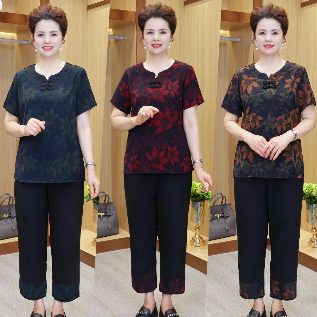 时尚奶奶夏装短袖衬衫老人妈妈衣服太太套装60岁70-80婆婆服饰