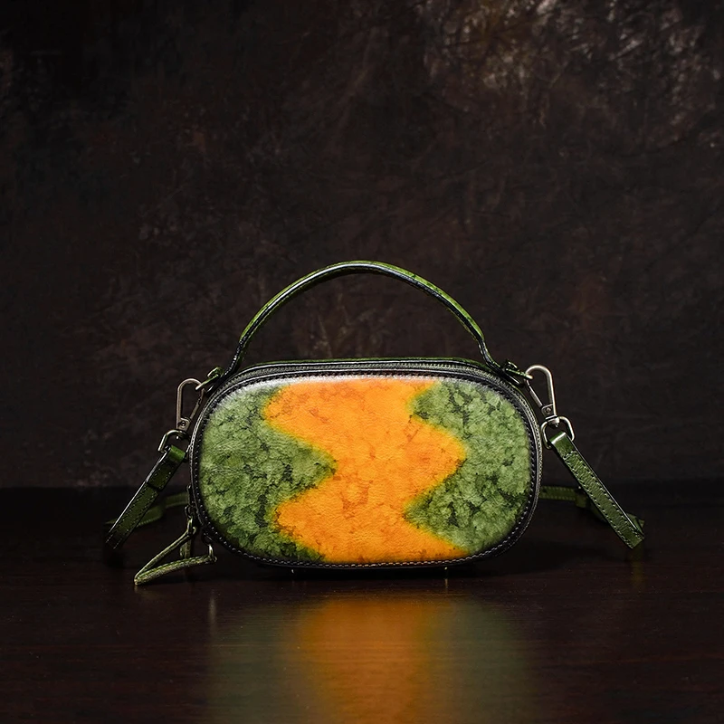 彩绘手机包头层牛皮斜挎包真皮小包包手绘卡通手提包女2025新款