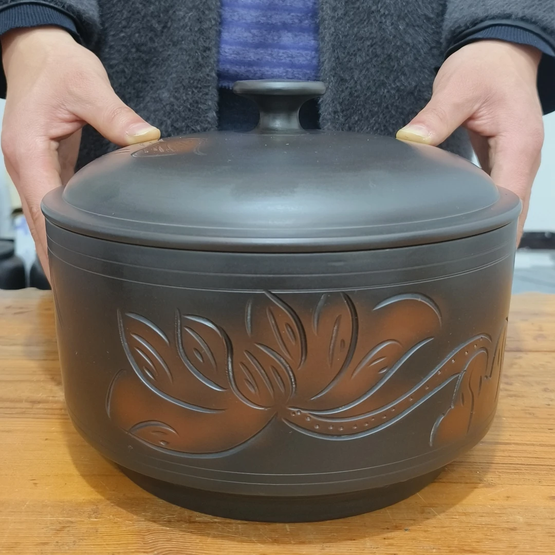 建水紫陶三饼到五饼罐荷花竹子全手工建水紫陶线雕工艺