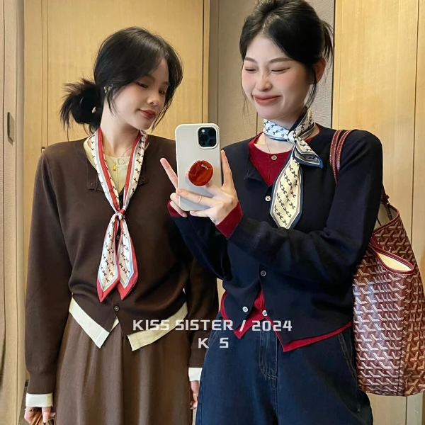 韩版时尚撞色假两件百搭显瘦针织开衫复古春秋冬新款长袖红色气质