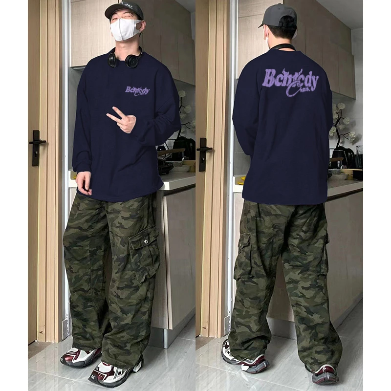 美式高街vibe字母印花长袖T恤男秋季ins潮牌百搭宽松重磅棉纯上衣