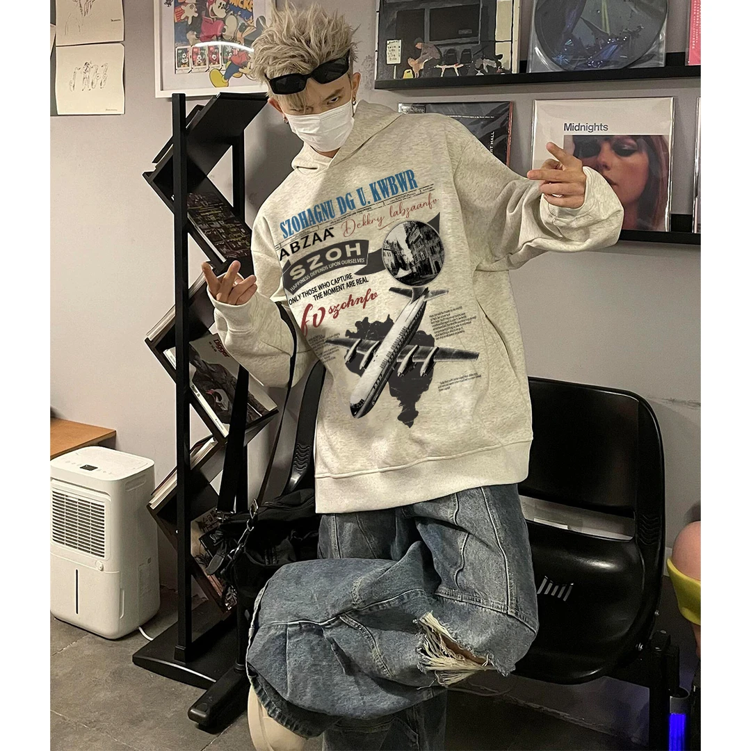 美式复古风海报印花连帽卫衣秋冬季男士潮牌宽松休闲加绒加厚上衣