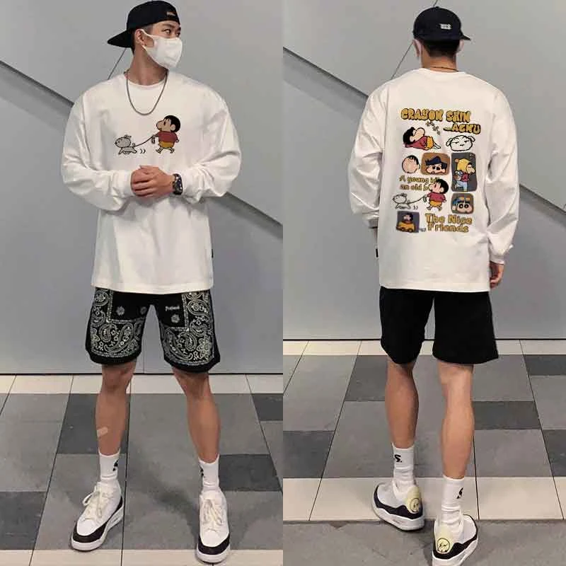 棉纯保暖创意蜡笔小新印花长袖T恤男秋季街头设计感宽松打底上衣