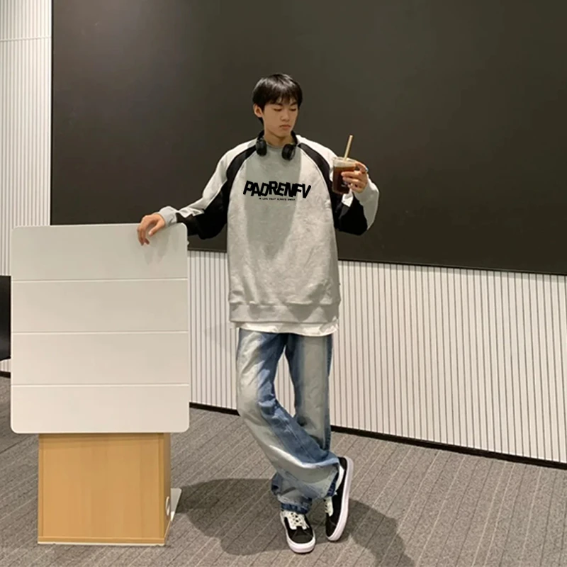 美式潮牌简约字母印花撞色圆领卫衣男秋冬季百搭宽松休闲重磅上衣