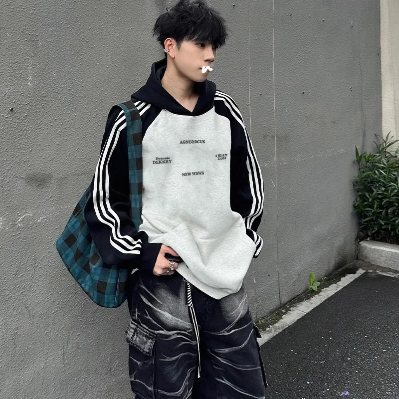 美式vibe简约字母印花拼接连帽卫衣男秋季街头休闲三条杠外套上衣