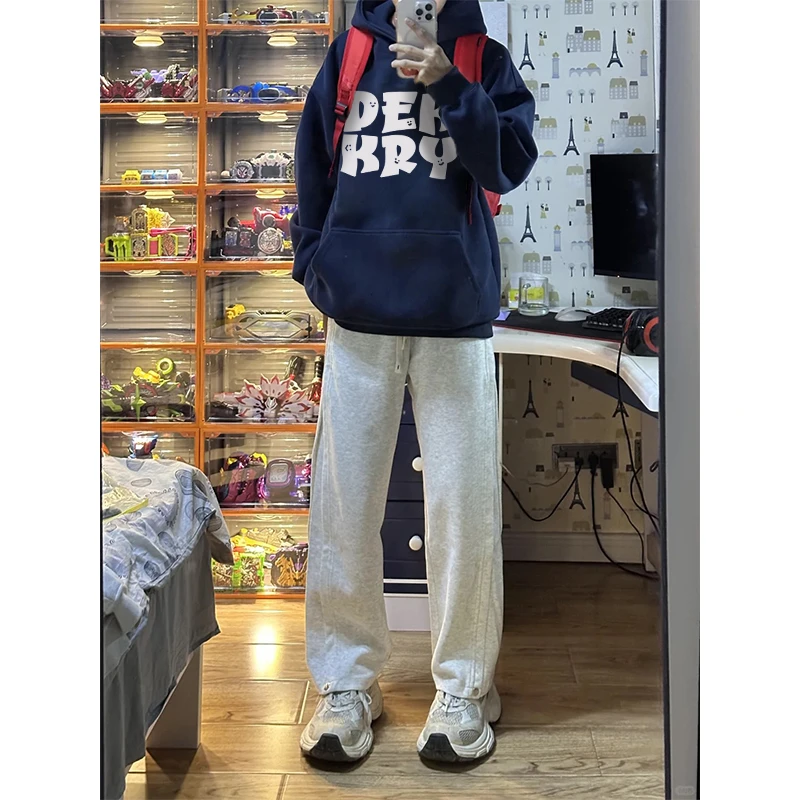 潮牌趣味字母印花藏青色重磅上衣服秋冬季街头个性百搭连帽卫衣男